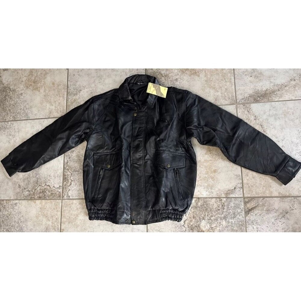 Hunters Ridge Mens Leather Jacket Large Black Full Zip Biker Retro Grunge NEW